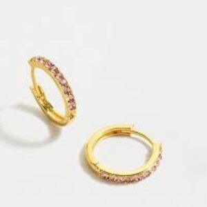J. CREW SMALL PAVE HUGGIE HOOP EARRINGS #AG798 GOLD/PINK NWT